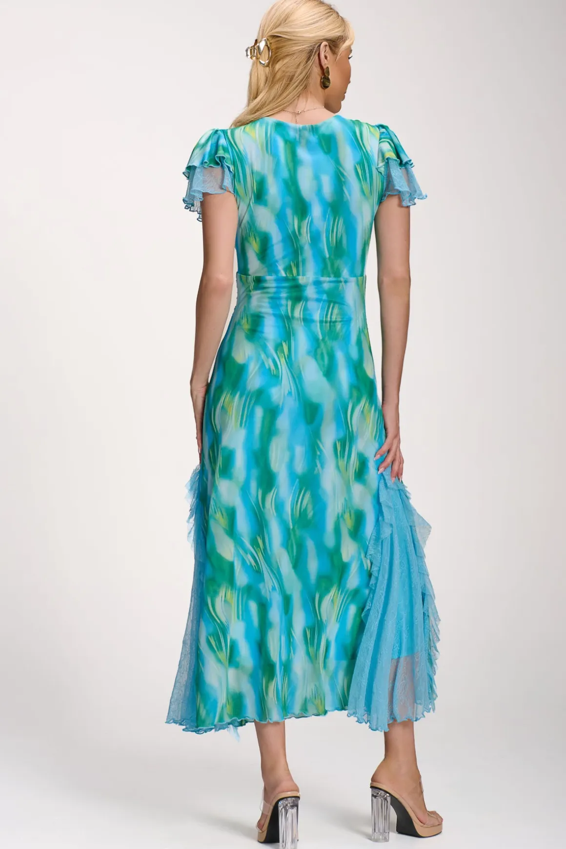 Lace Insert Mesh Midi Dress, Blue Abstract