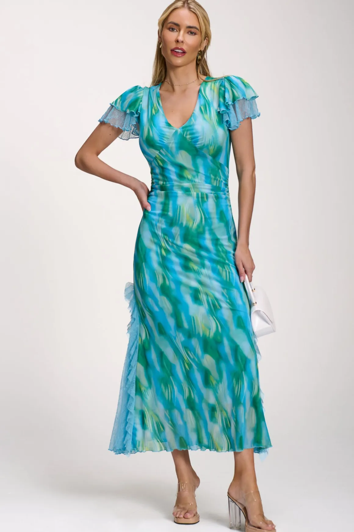 Lace Insert Mesh Midi Dress, Blue Abstract