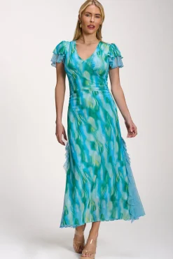 Lace Insert Mesh Midi Dress, Blue Abstract