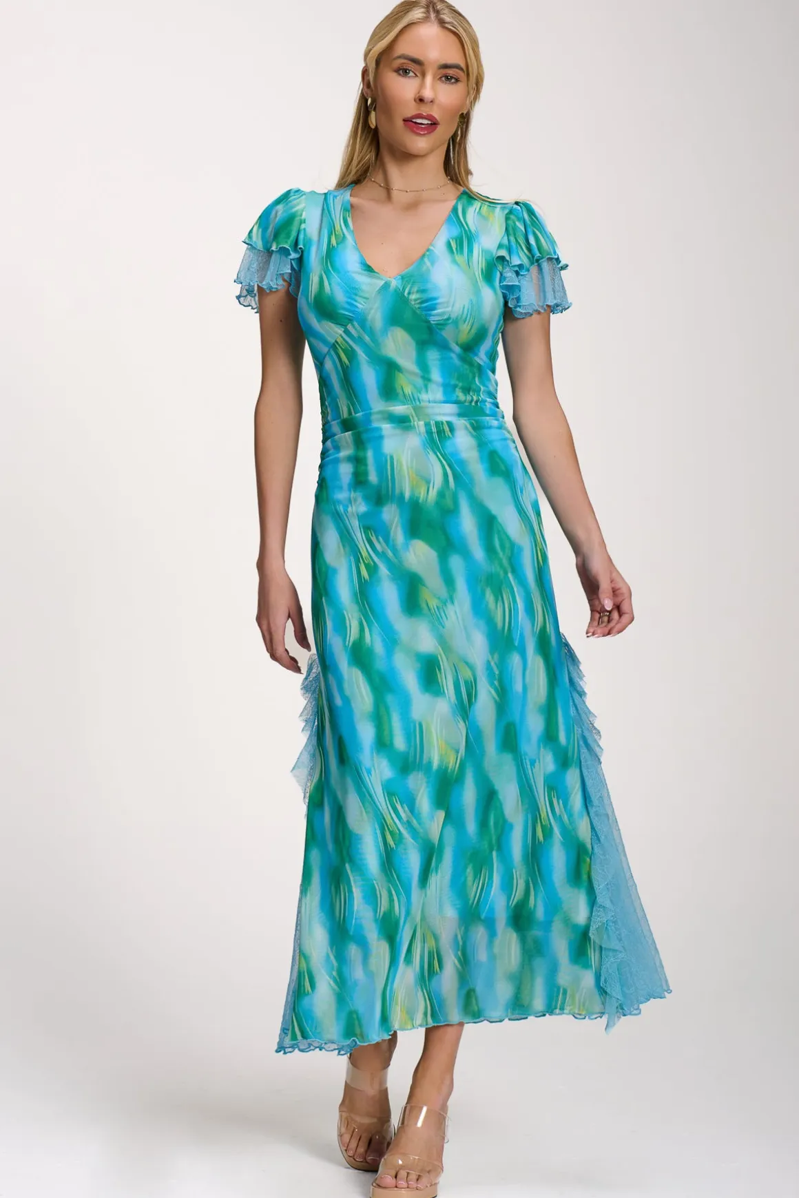 Lace Insert Mesh Midi Dress, Blue Abstract