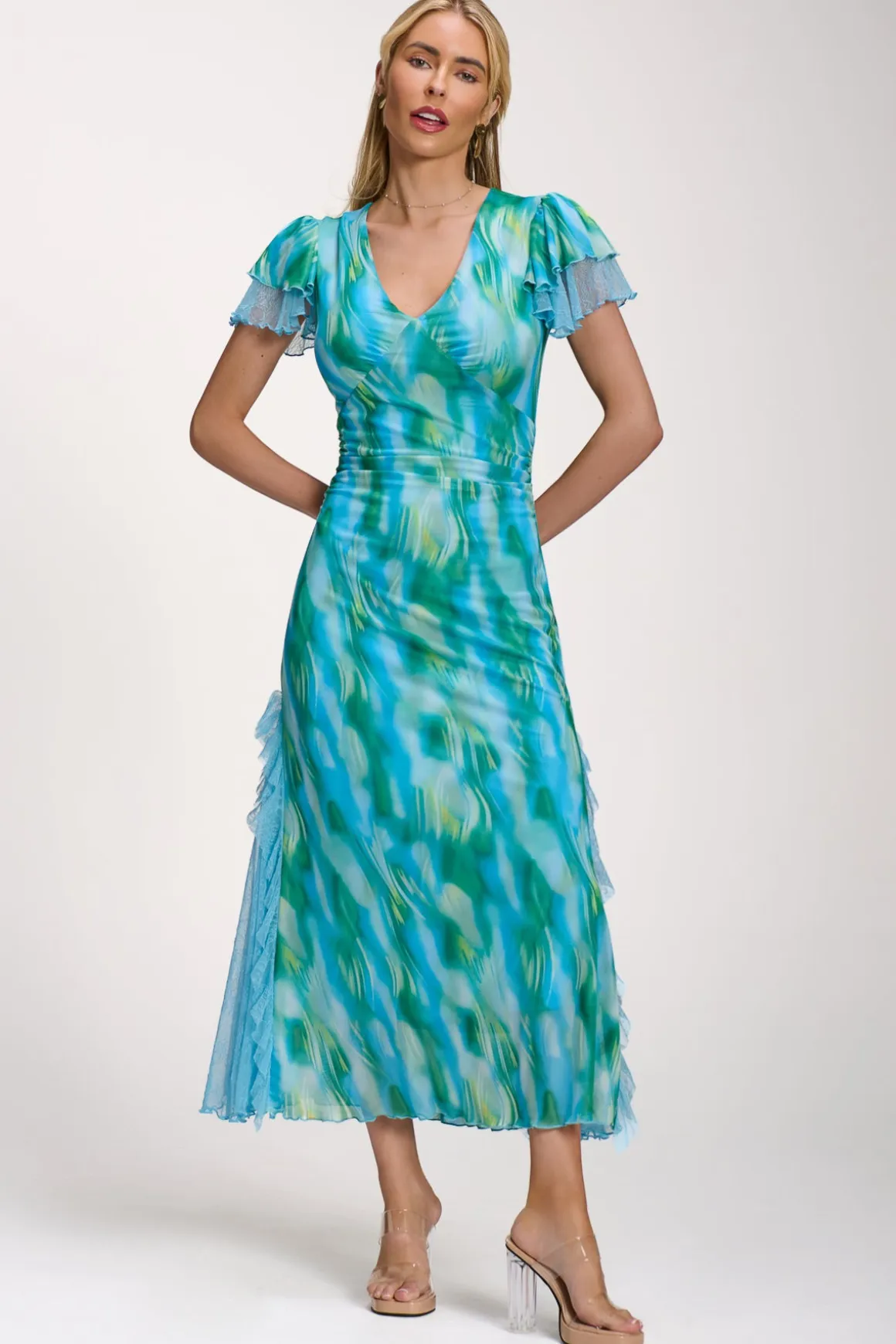 Lace Insert Mesh Midi Dress, Blue Abstract