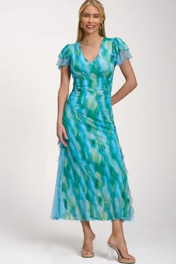 Lace Insert Mesh Midi Dress, Blue Abstract