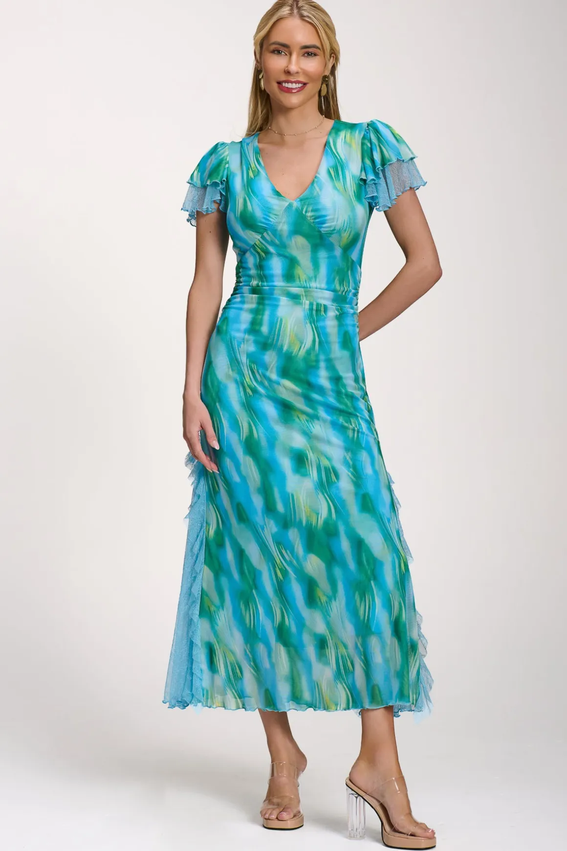 Lace Insert Mesh Midi Dress, Blue Abstract
