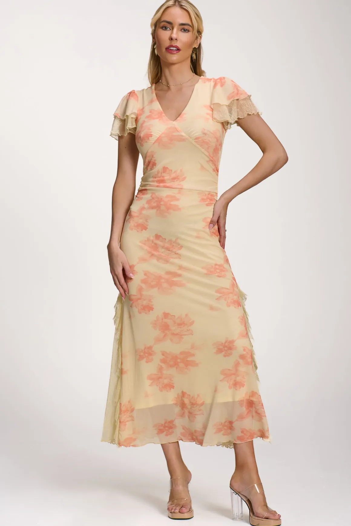 Lace Insert Mesh Midi Dress, Orange Abstract