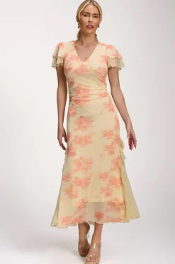 Lace Insert Mesh Midi Dress, Orange Abstract
