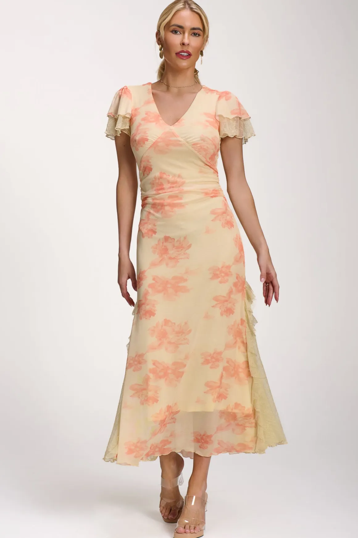 Lace Insert Mesh Midi Dress, Orange Abstract
