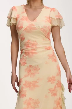 Lace Insert Mesh Midi Dress, Orange Abstract