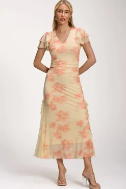 Lace Insert Mesh Midi Dress, Orange Abstract