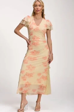 Lace Insert Mesh Midi Dress, Orange Abstract