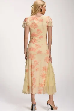 Lace Insert Mesh Midi Dress, Orange Abstract