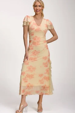 Lace Insert Mesh Midi Dress, Orange Abstract