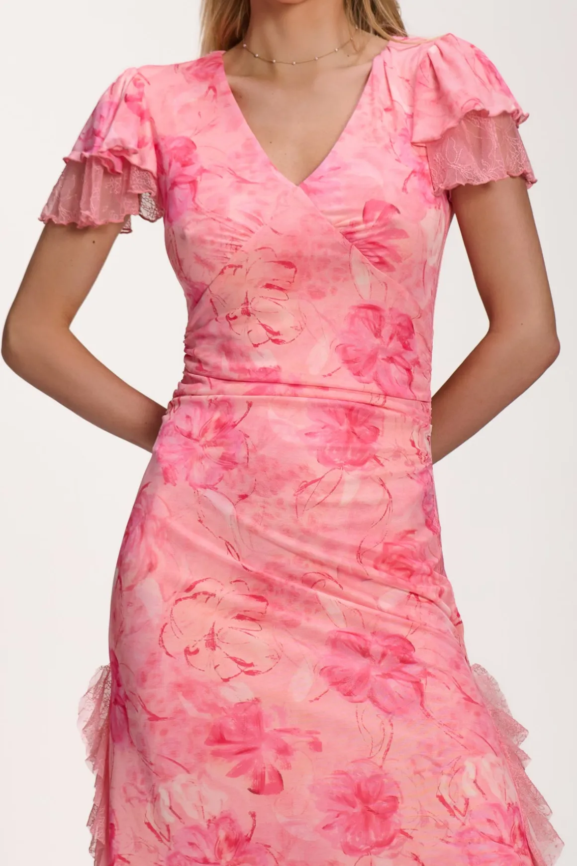 Lace Insert Mesh Midi Dress, Pink Abstract
