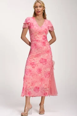 Lace Insert Mesh Midi Dress, Pink Abstract