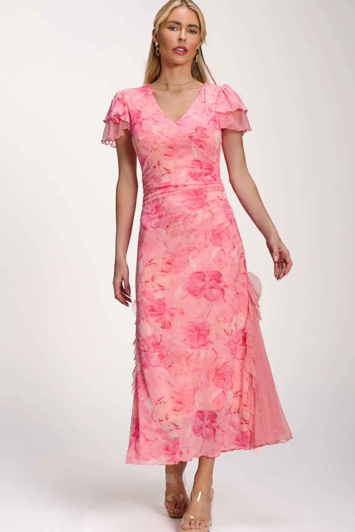 Lace Insert Mesh Midi Dress, Pink Abstract