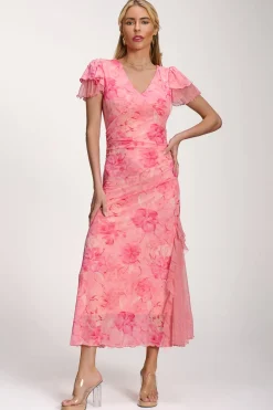 Lace Insert Mesh Midi Dress, Pink Abstract