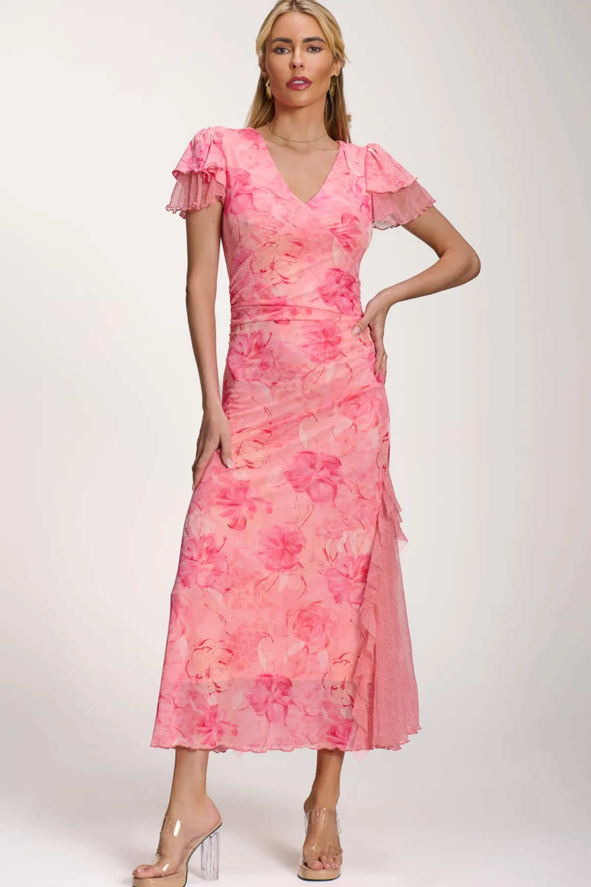 Lace Insert Mesh Midi Dress, Pink Abstract