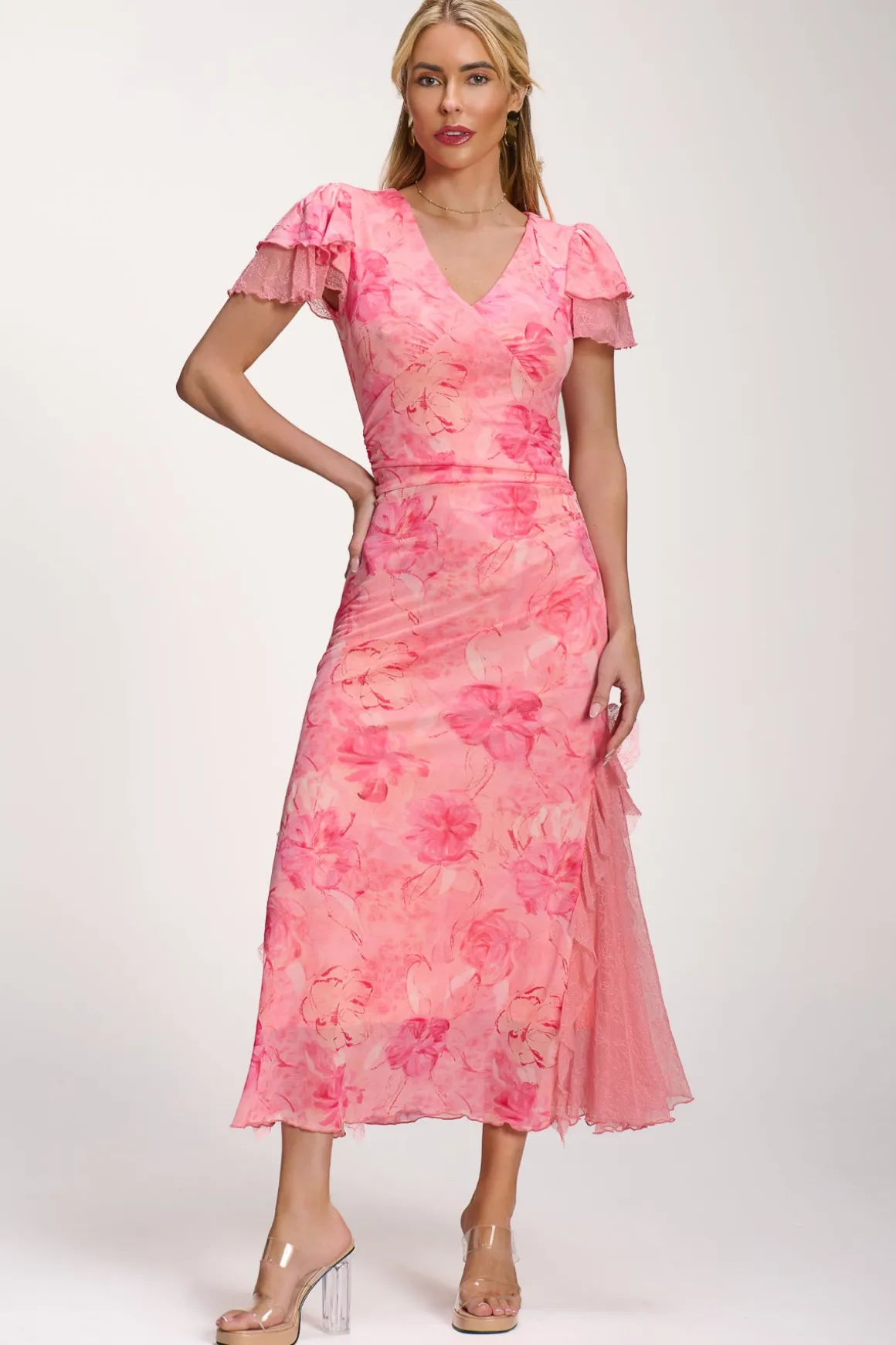 Lace Insert Mesh Midi Dress, Pink Abstract