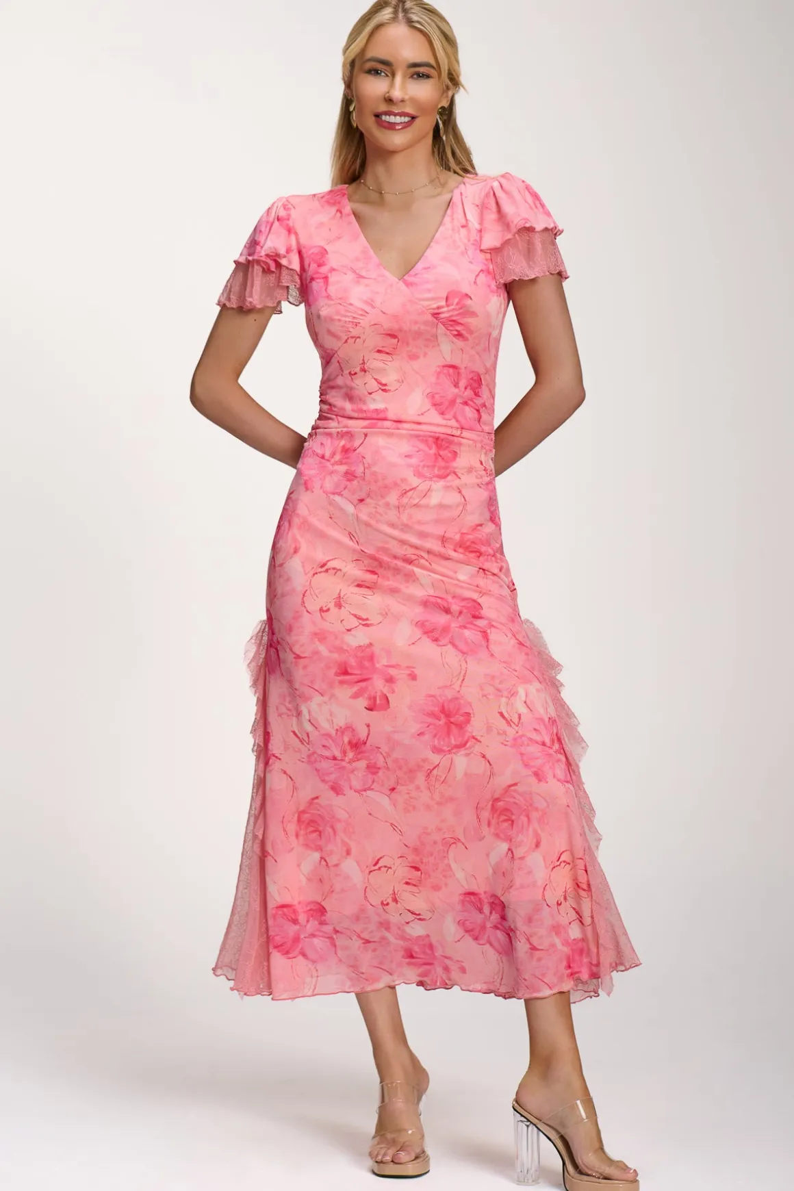 Lace Insert Mesh Midi Dress, Pink Abstract