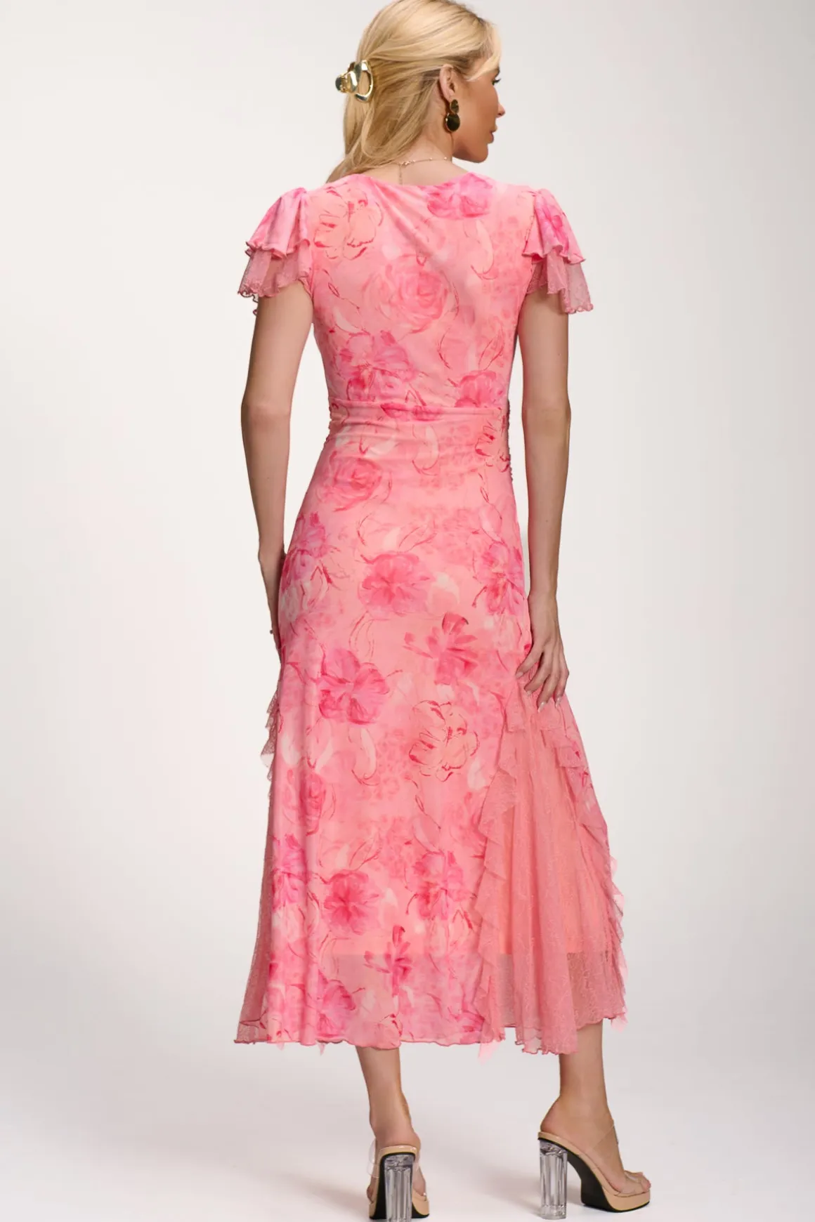Lace Insert Mesh Midi Dress, Pink Abstract