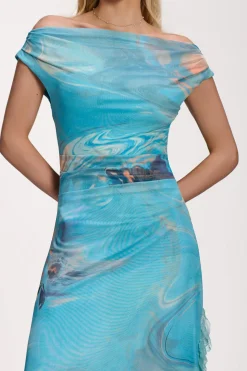 Lace Insert Ruched Mesh Maxi Dress, Blue Abstract