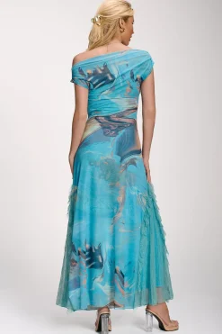 Lace Insert Ruched Mesh Maxi Dress, Blue Abstract