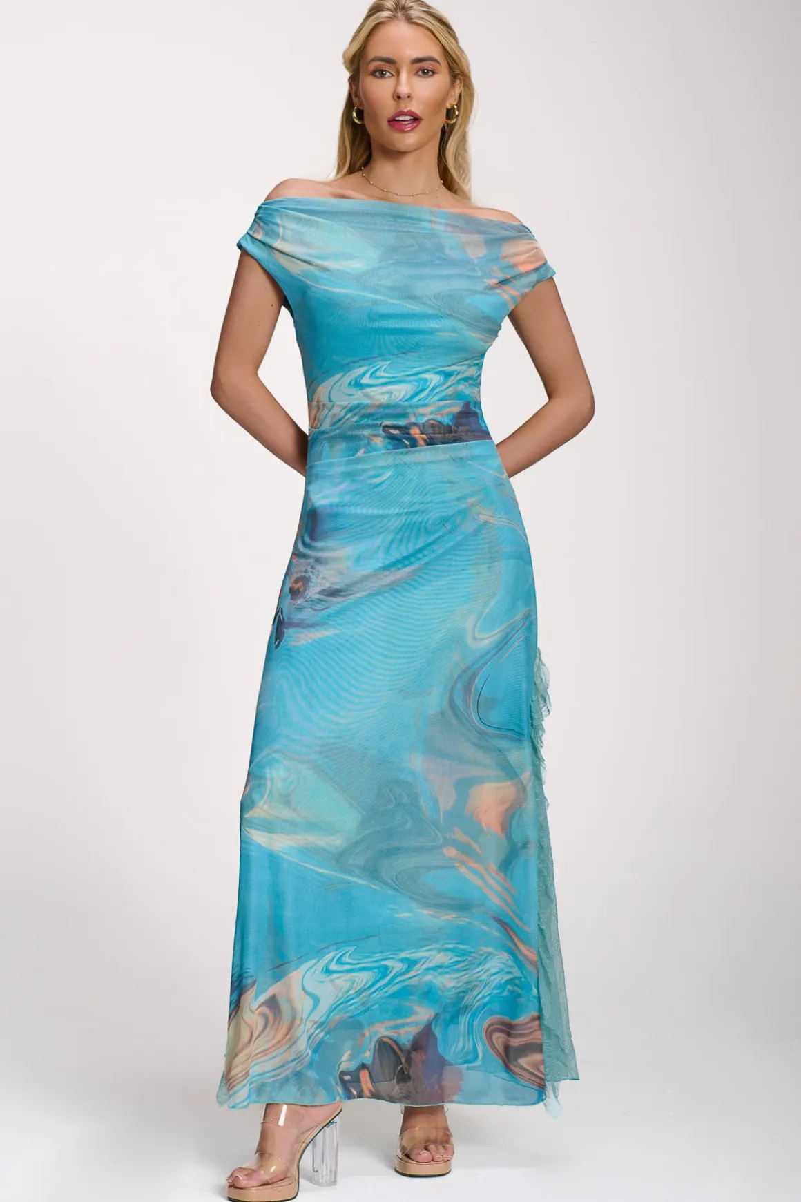 Lace Insert Ruched Mesh Maxi Dress, Blue Abstract