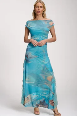 Lace Insert Ruched Mesh Maxi Dress, Blue Abstract