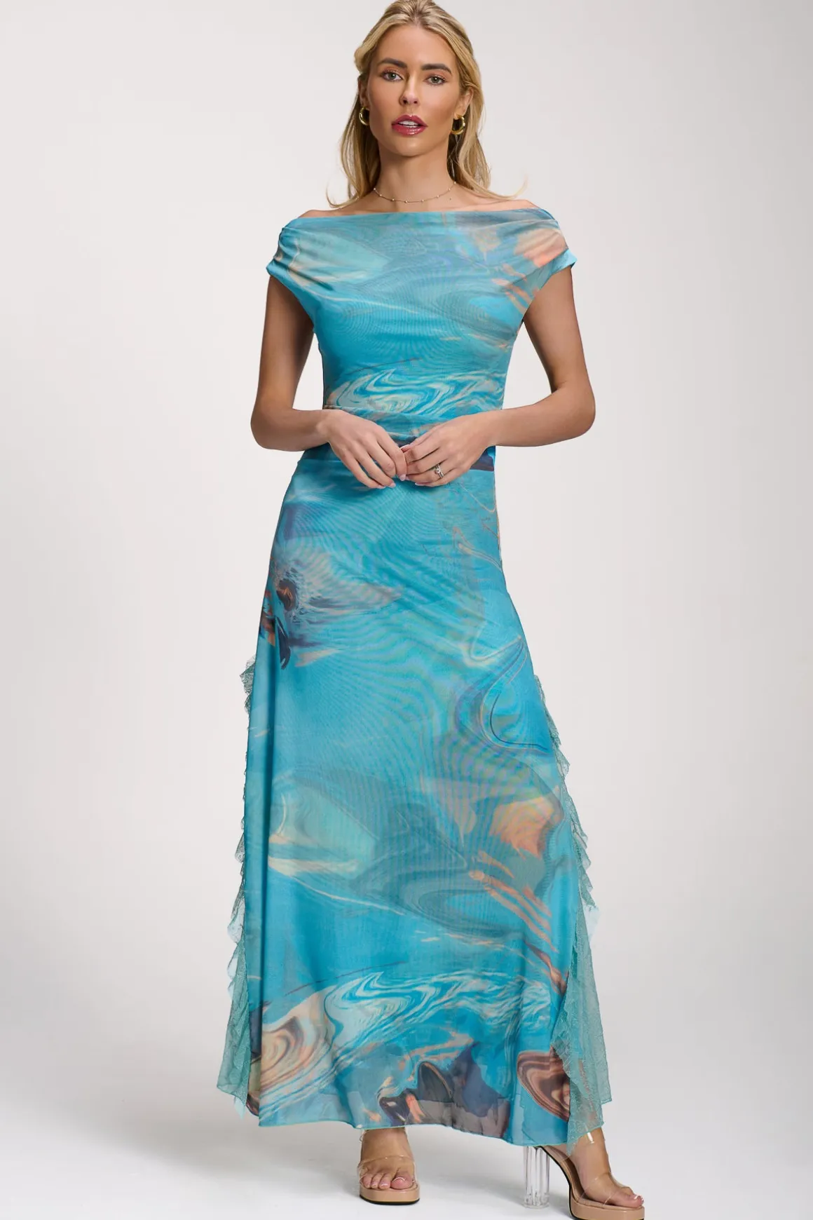 Lace Insert Ruched Mesh Maxi Dress, Blue Abstract