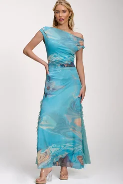 Lace Insert Ruched Mesh Maxi Dress, Blue Abstract