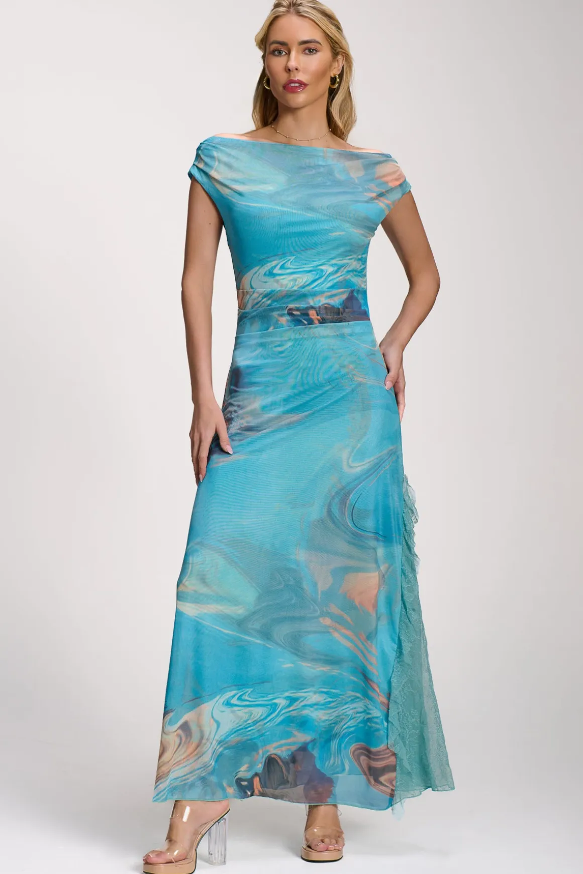 Lace Insert Ruched Mesh Maxi Dress, Blue Abstract