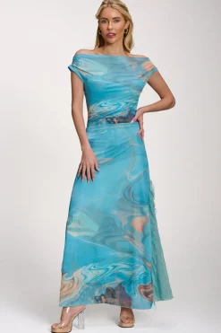 Lace Insert Ruched Mesh Maxi Dress, Blue Abstract