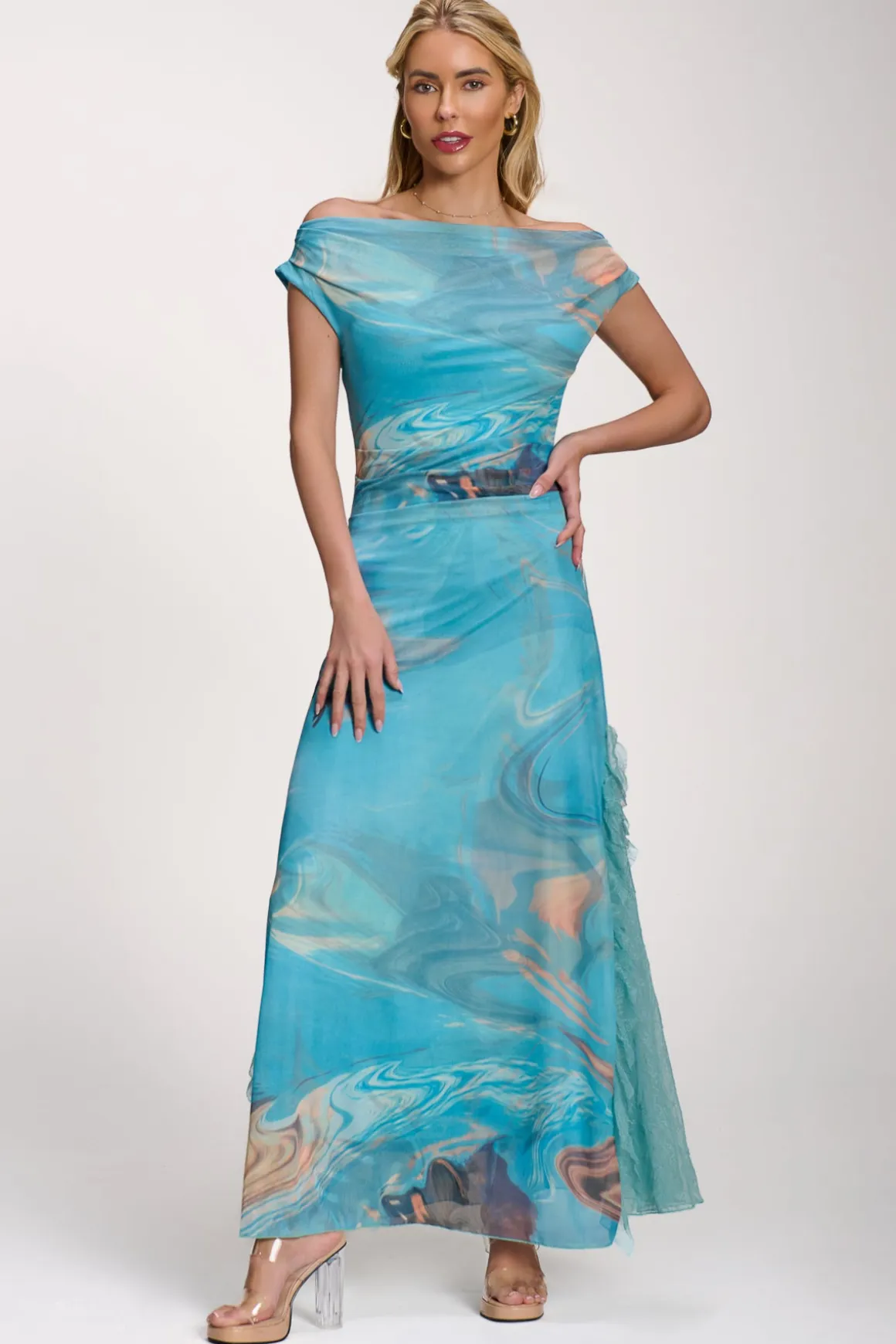 Lace Insert Ruched Mesh Maxi Dress, Blue Abstract