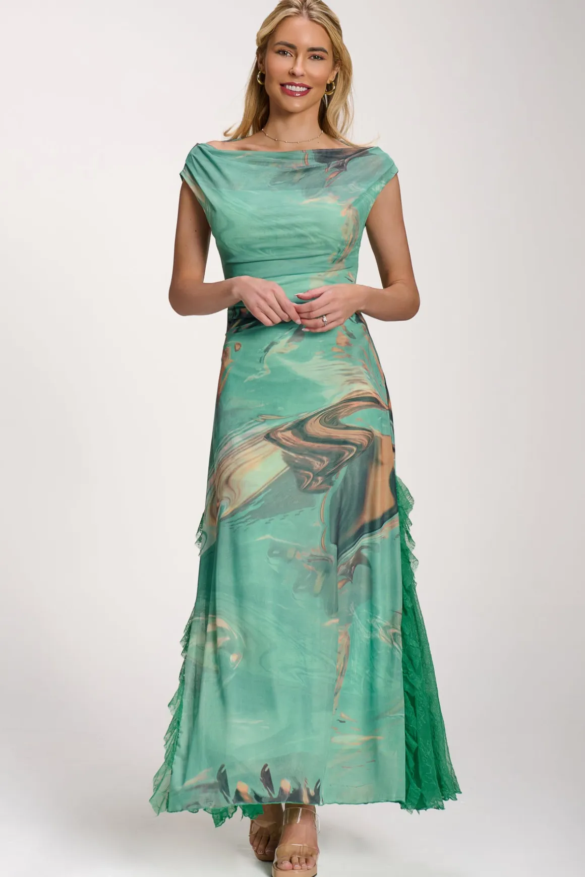 Lace Insert Ruched Mesh Maxi Dress, Green Abstract