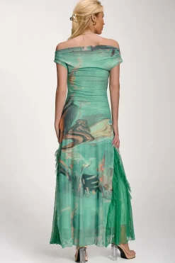 Lace Insert Ruched Mesh Maxi Dress, Green Abstract