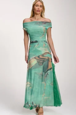 Lace Insert Ruched Mesh Maxi Dress, Green Abstract