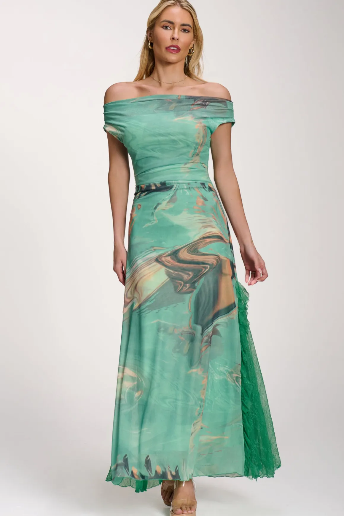 Lace Insert Ruched Mesh Maxi Dress, Green Abstract