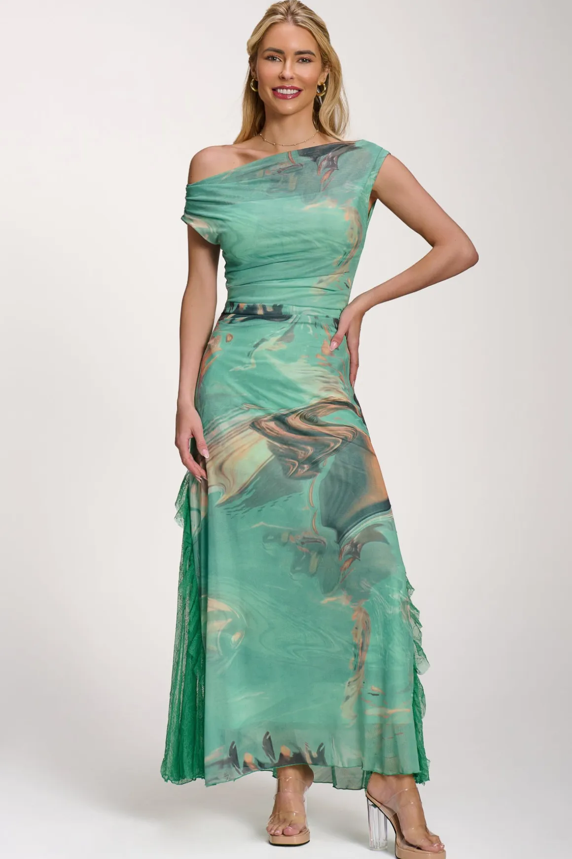 Lace Insert Ruched Mesh Maxi Dress, Green Abstract