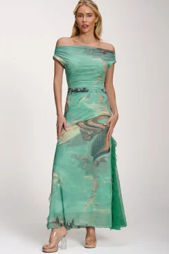 Lace Insert Ruched Mesh Maxi Dress, Green Abstract