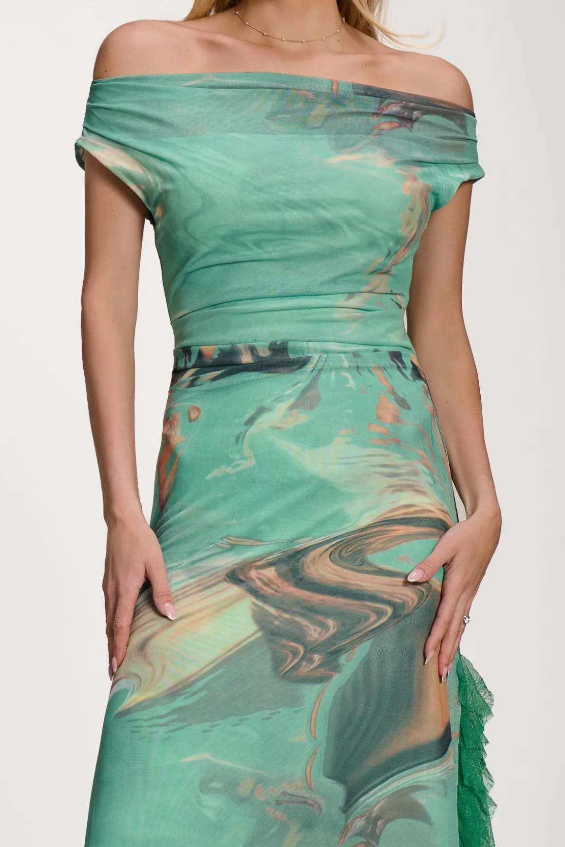 Lace Insert Ruched Mesh Maxi Dress, Green Abstract