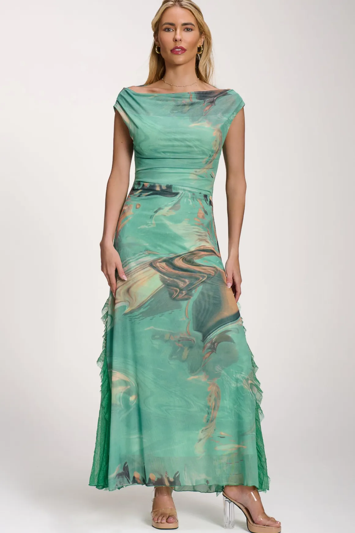Lace Insert Ruched Mesh Maxi Dress, Green Abstract