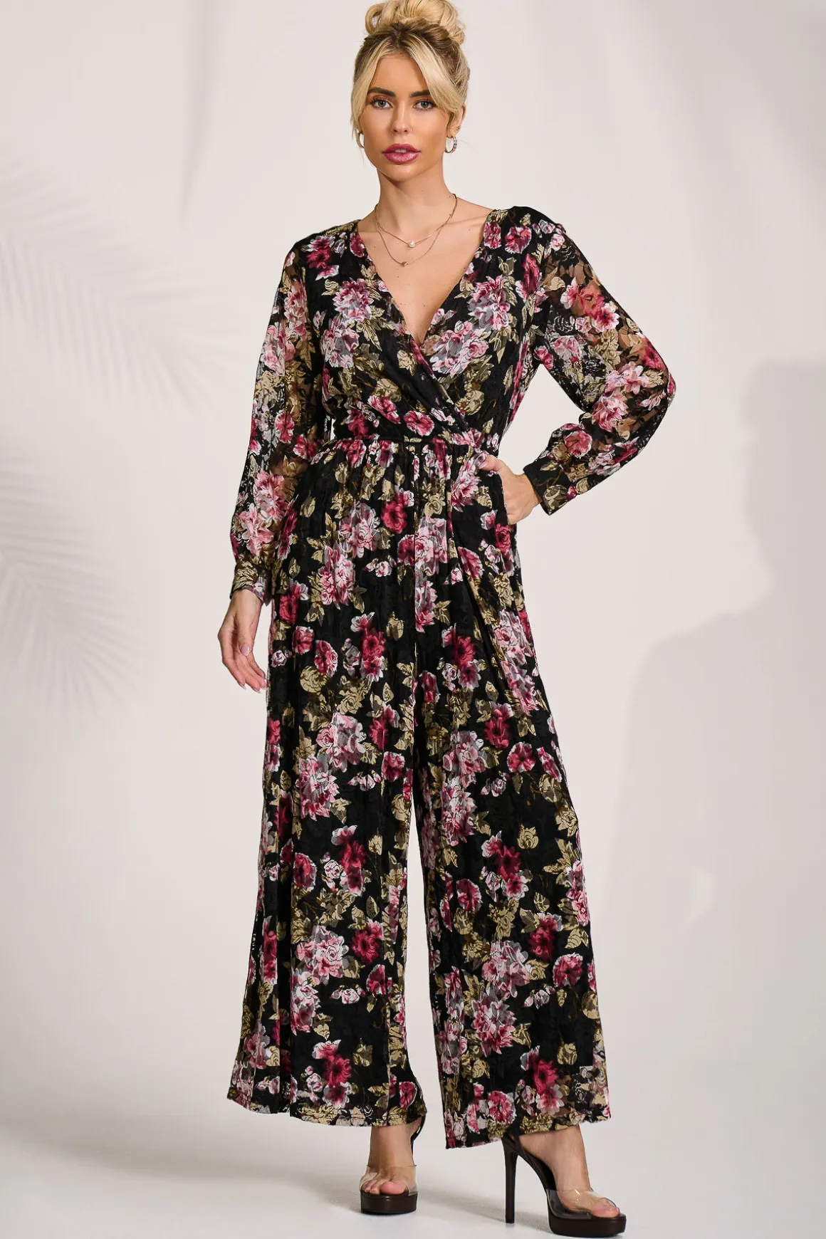 Lace Long Sleeve Jumpsuit, Multi Floral