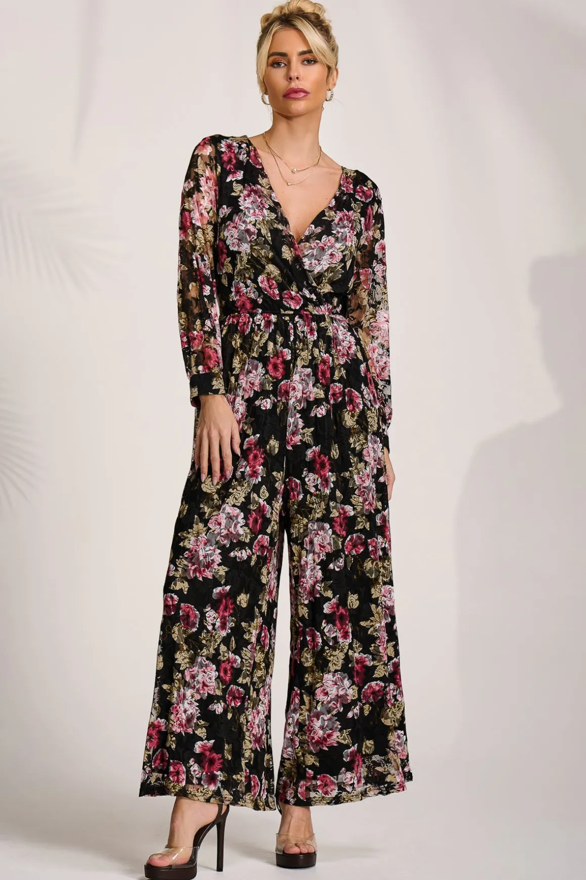 Lace Long Sleeve Jumpsuit, Multi Floral