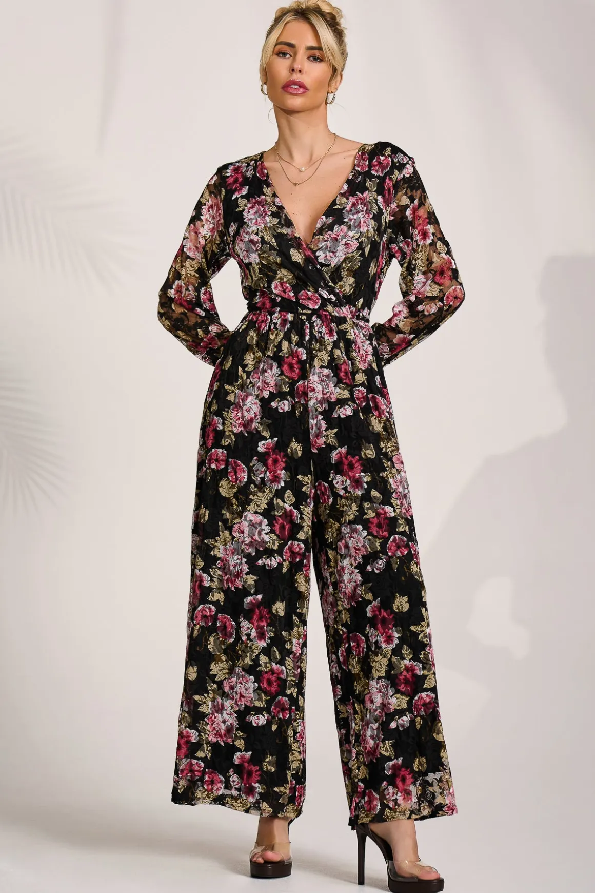 Lace Long Sleeve Jumpsuit, Multi Floral