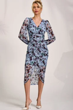 Lace Long Sleeve Ruched Bodycon Dress, Blue Floral
