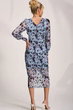 Lace Long Sleeve Ruched Bodycon Dress, Blue Floral