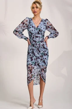 Lace Long Sleeve Ruched Bodycon Dress, Blue Floral
