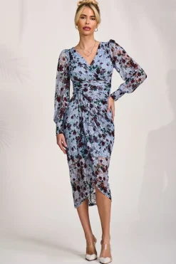 Lace Long Sleeve Ruched Bodycon Dress, Blue Floral