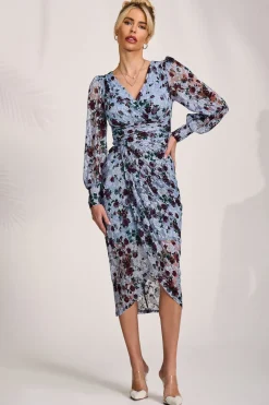 Lace Long Sleeve Ruched Bodycon Dress, Blue Floral