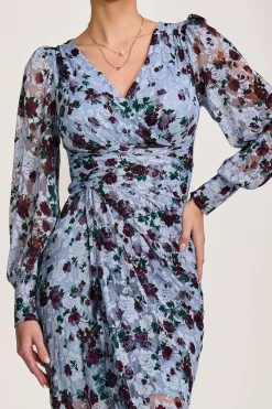 Lace Long Sleeve Ruched Bodycon Dress, Blue Floral
