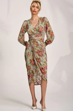 Lace Long Sleeve Ruched Bodycon Dress, Green Floral